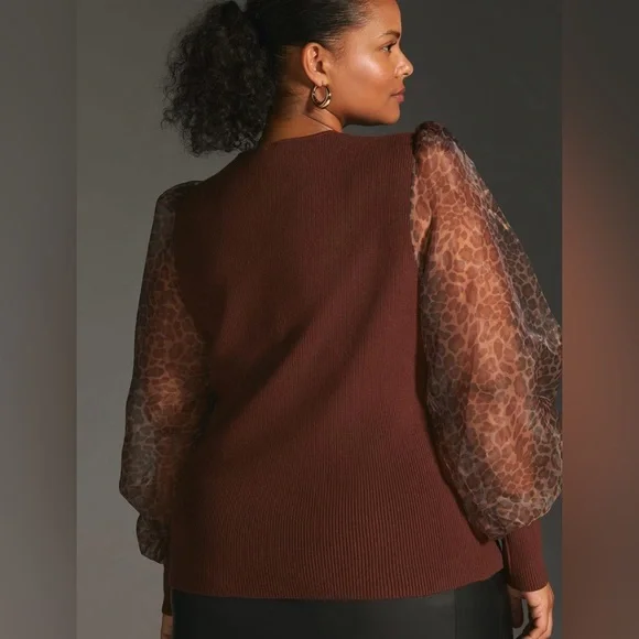 Anthropologie  Dolan Sheer Animal Print Puff-Sleeve Brown Sweater Size 3X - Picture 4 of 11
